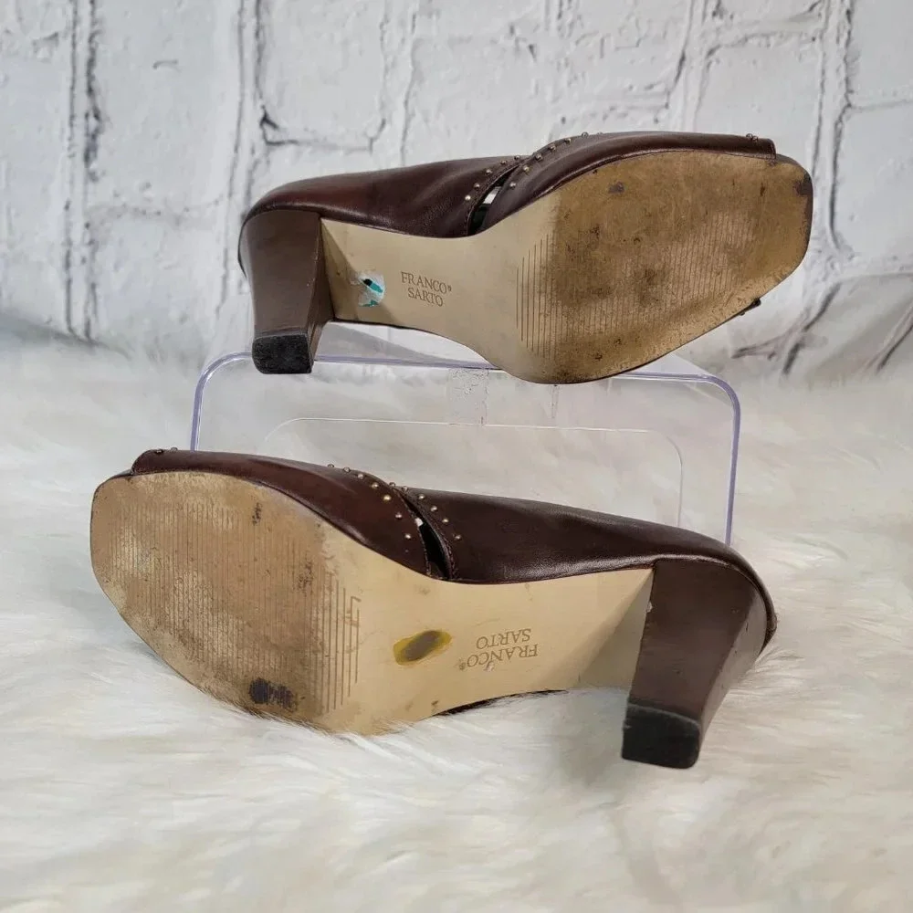 FRANCO SARTO Brown High Heel Booties Zipper Ankle Boot Leather 8M Shoe Peep‎ Toe